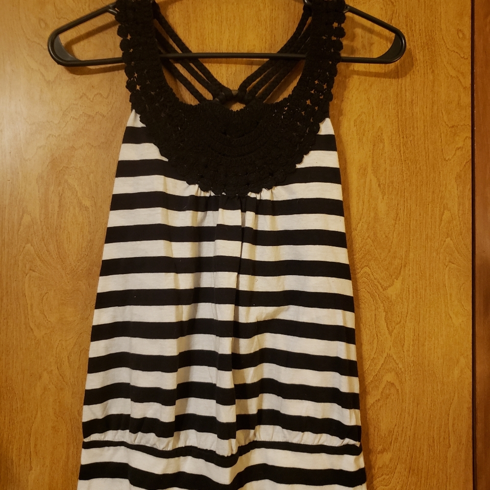 Derek Heart Black and White Striped Crochet Yoke Tank Top